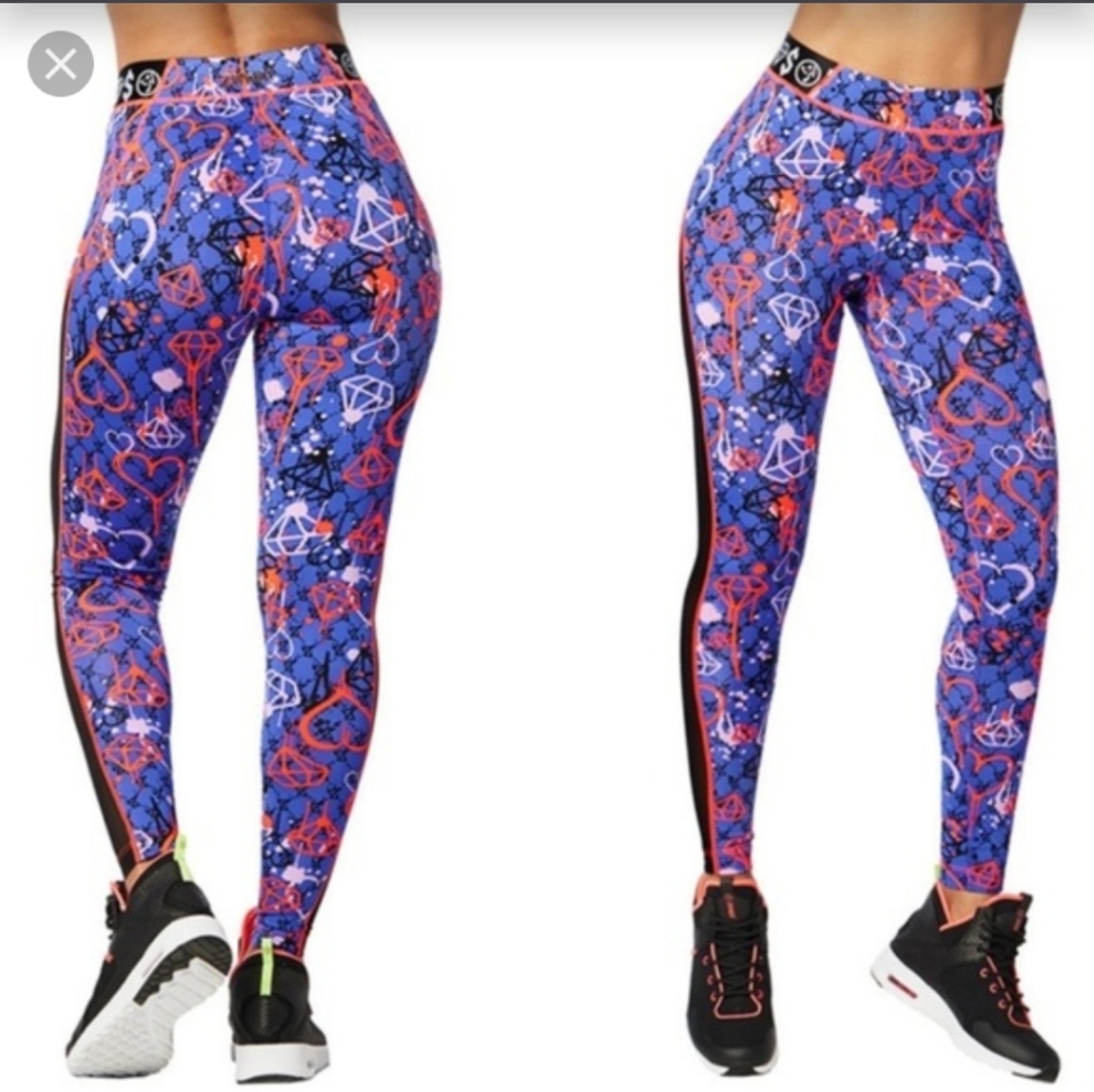 Zumba XL XLovely Ankle Leggings Diamond Diva Heart Design Blue w/ Mesh Panels